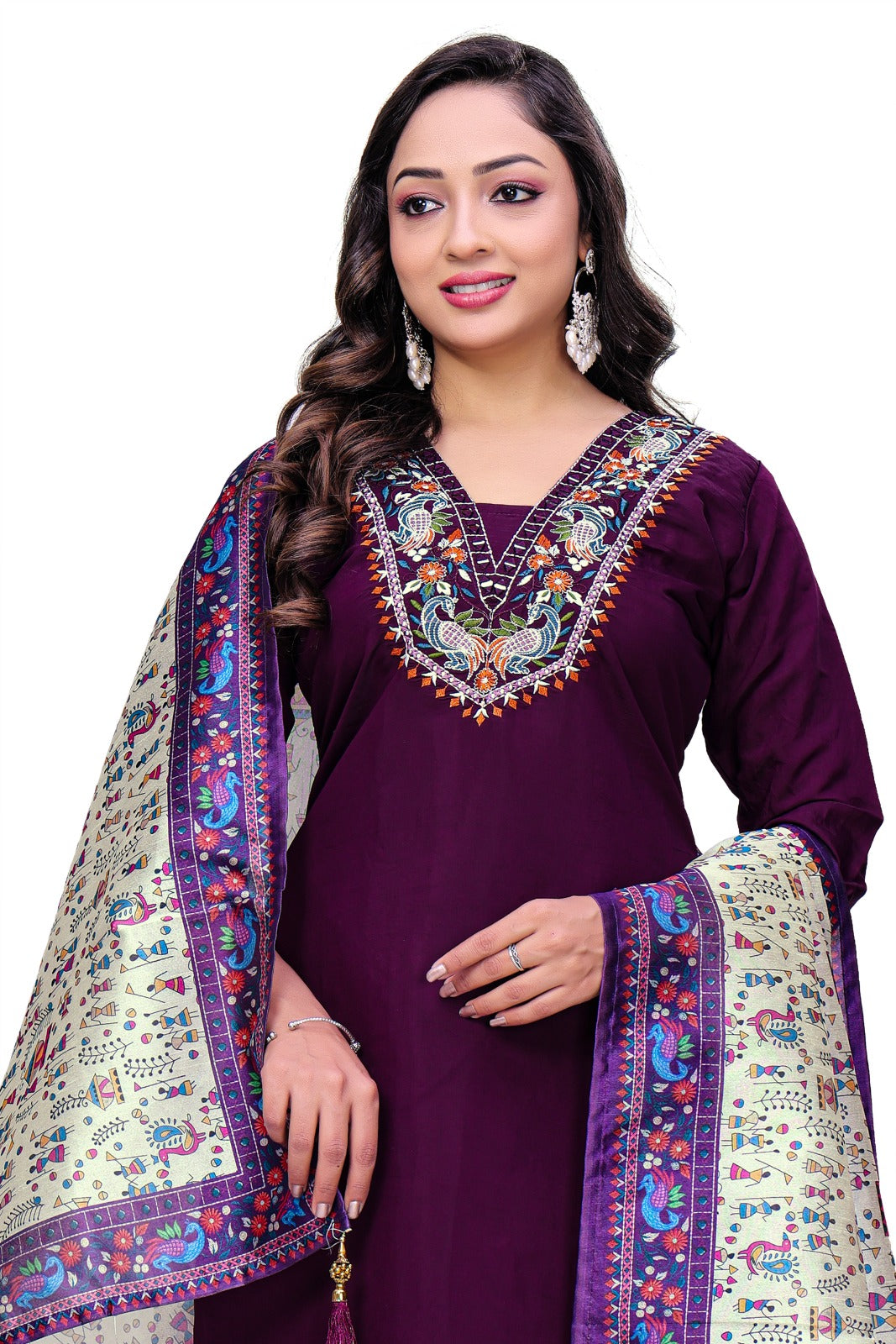 Royal Plum Embroidered Kurta Set with Printed Dupatta