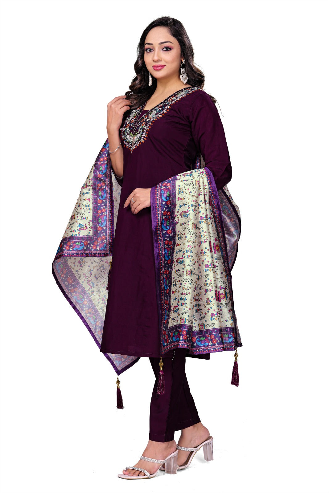 Royal Plum Embroidered Kurta Set with Printed Dupatta