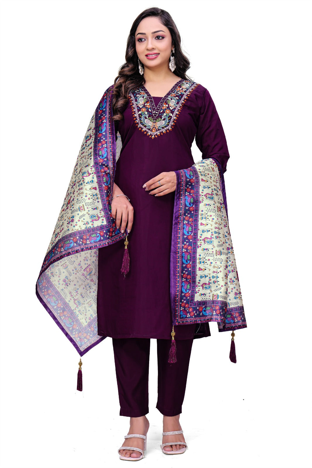 Royal Plum Embroidered Kurta Set with Printed Dupatta