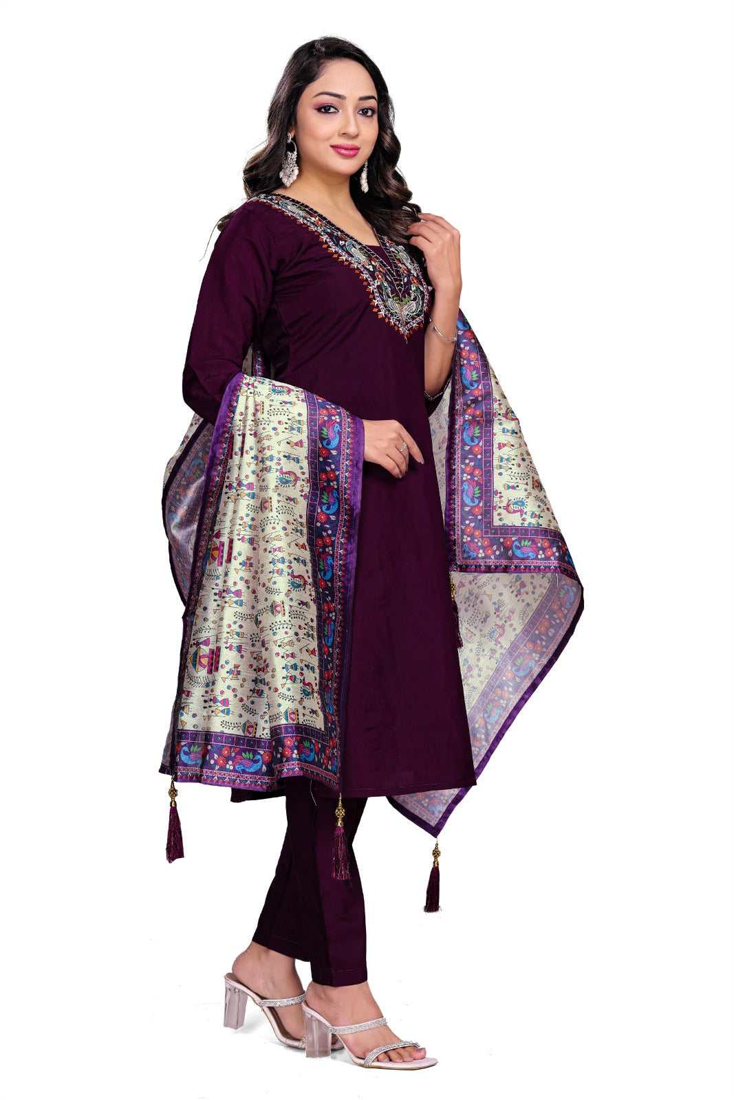 Royal Plum Embroidered Kurta Set with Printed Dupatta