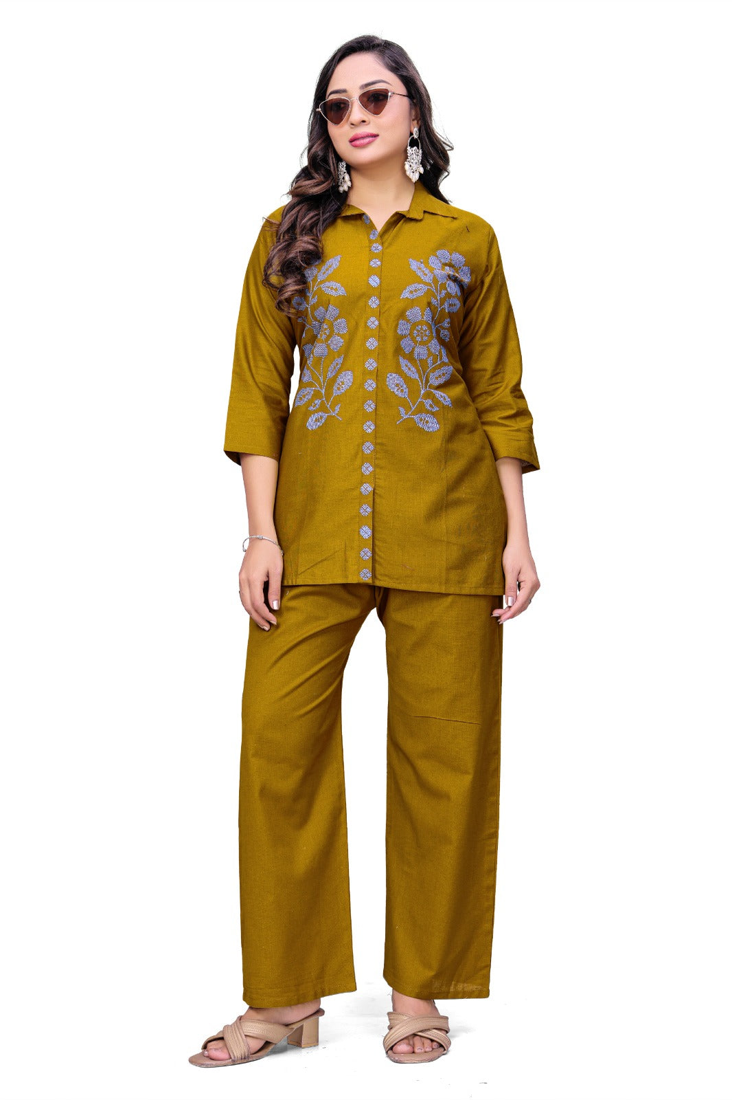 Golden Olive Designer Shirt Co-Ord Set