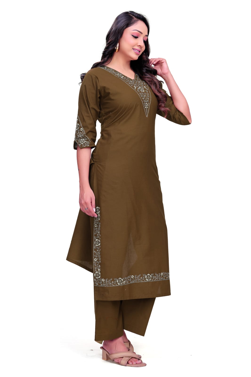 Olive Grace Embroidered Kurti Palazzo Set
