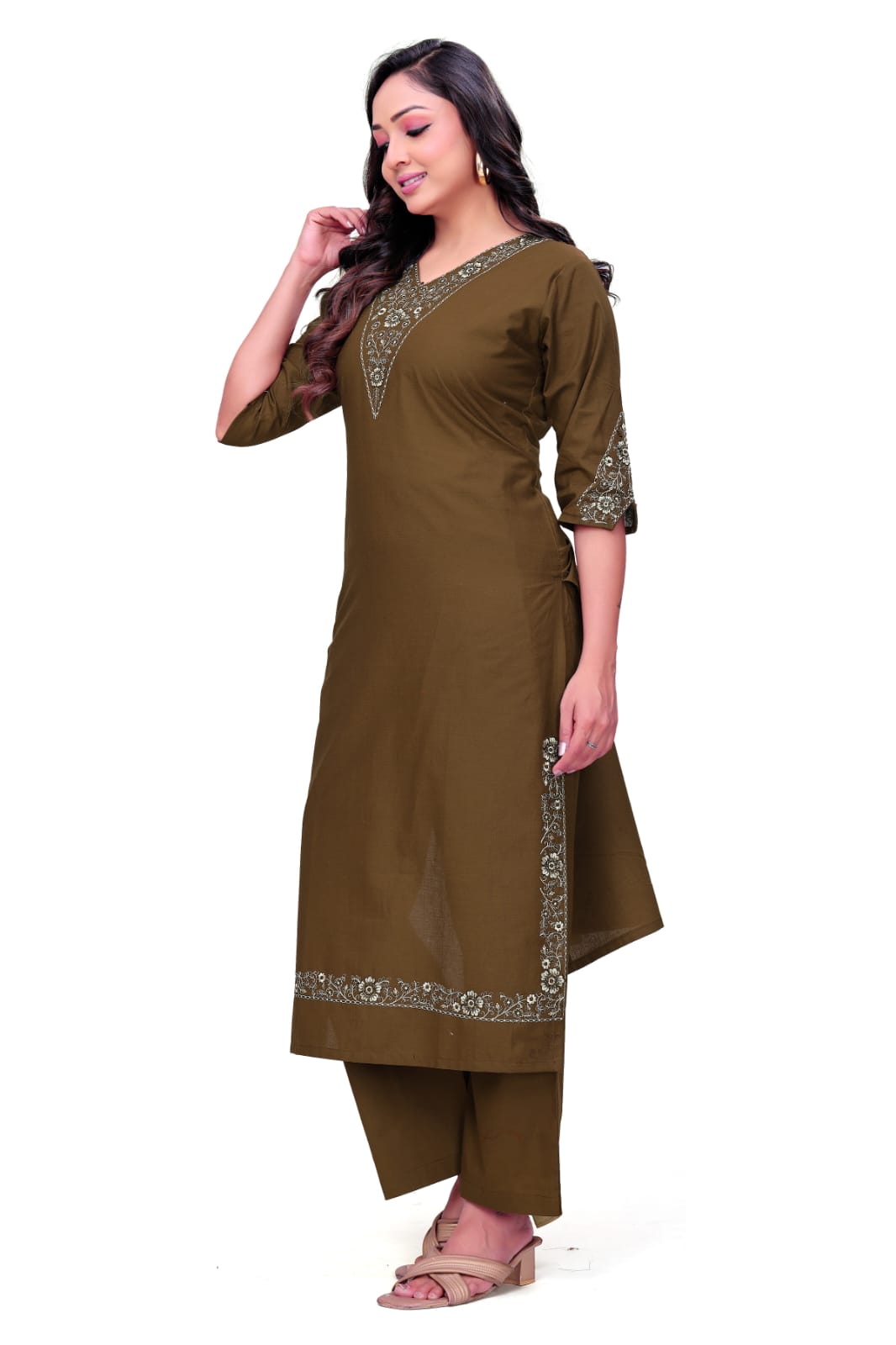 Olive Grace Embroidered Kurti Palazzo Set