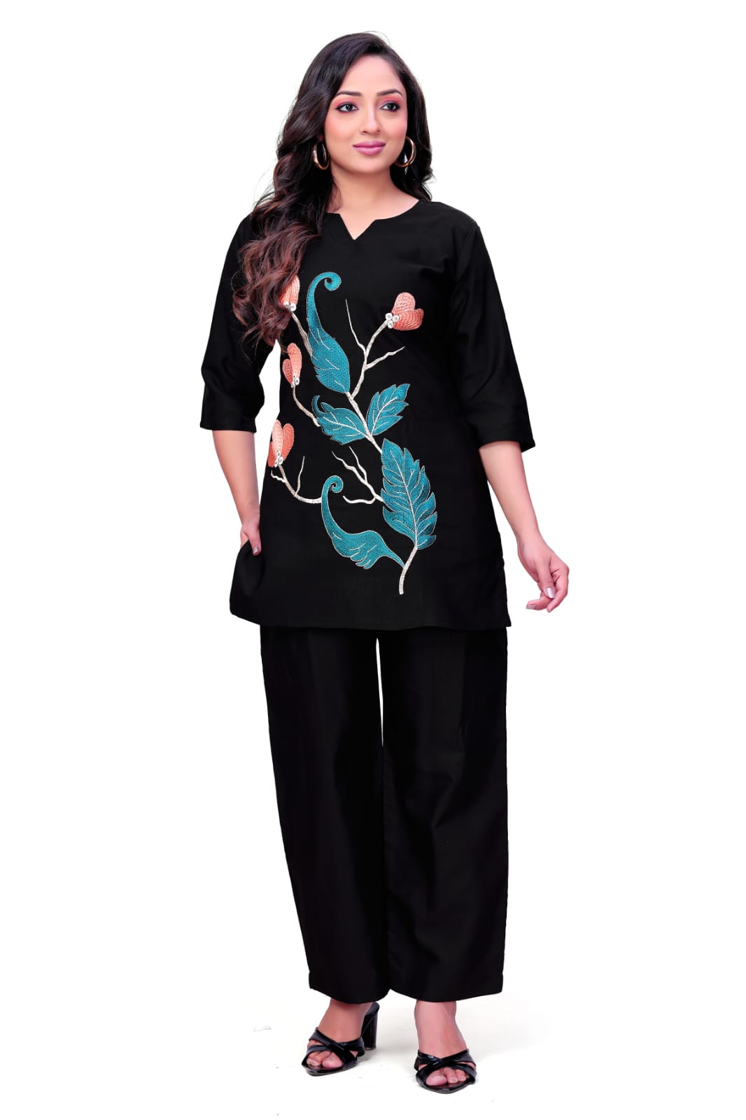 Black Floral Embroidered Kurti Palazzo Set