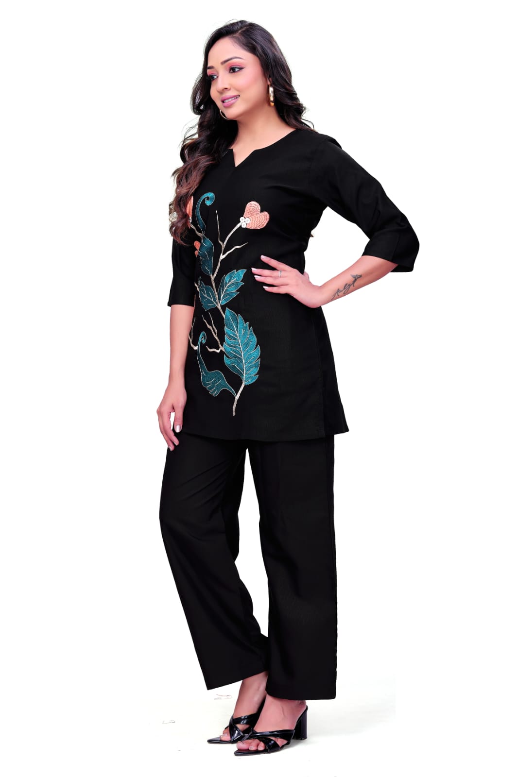 Black Floral Embroidered Kurti Palazzo Set